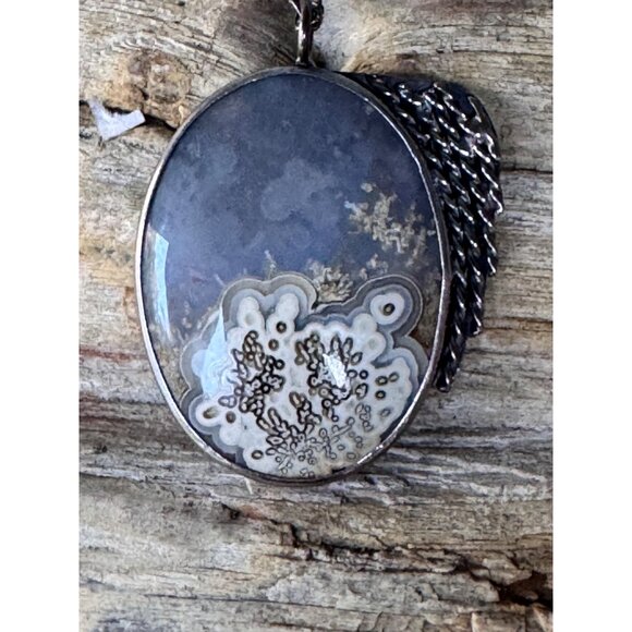 Dendritic Agate Sterling Silver Pendant Necklace 20G Mid Century - Picture 2 of 10